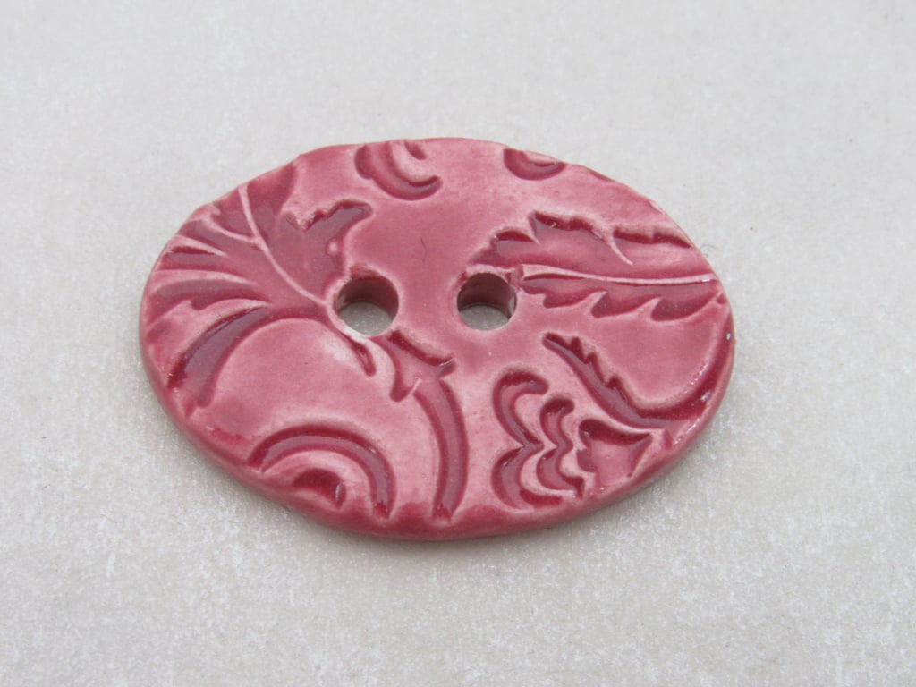 Large Rose Pink Brocade Oval Handmade Ceramic Button