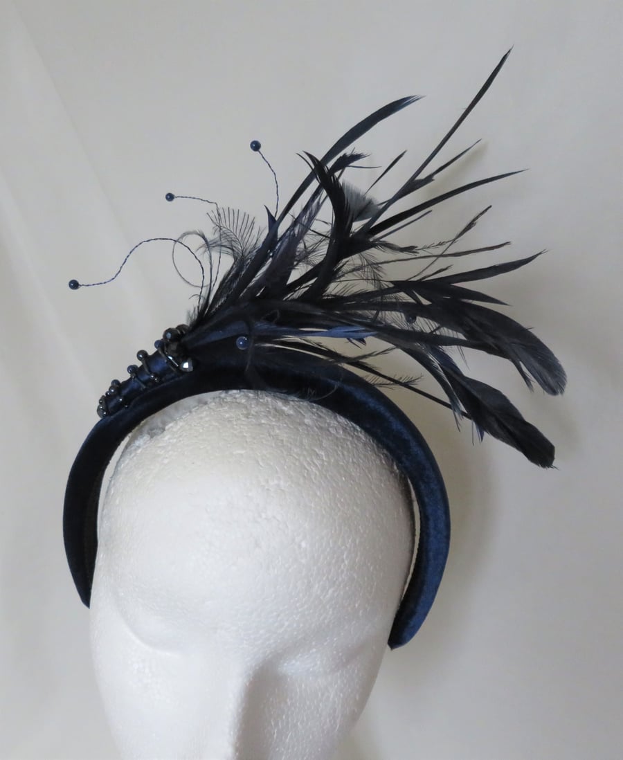 Navy Blue Feather & Beaded Embellished Vintage Velvet Padded Headband 