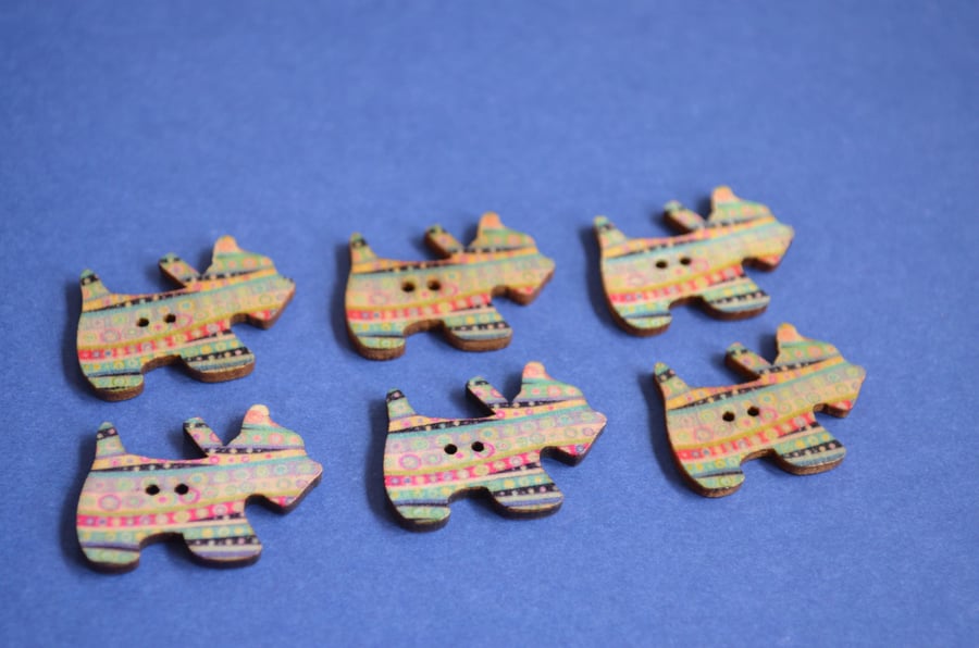 Wooden Scottie Dog Buttons Pink Blue Yellow 6pk 28x20mm Scotty Puppy (DG5)