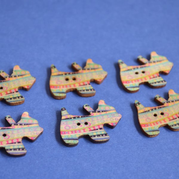 Wooden Scottie Dog Buttons Pink Blue Yellow 6pk 28x20mm Scotty Puppy (DG5)