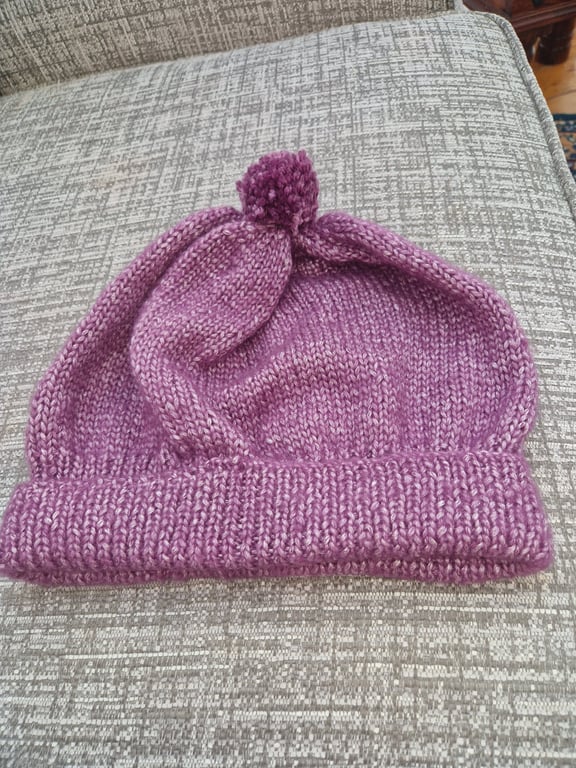 Adults hand knitted hat, purple,silver