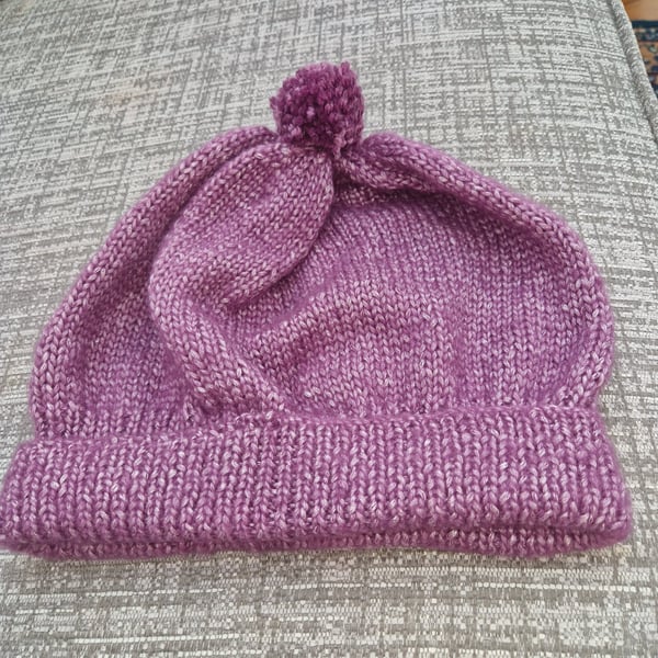 Adults hand knitted hat, purple,silver