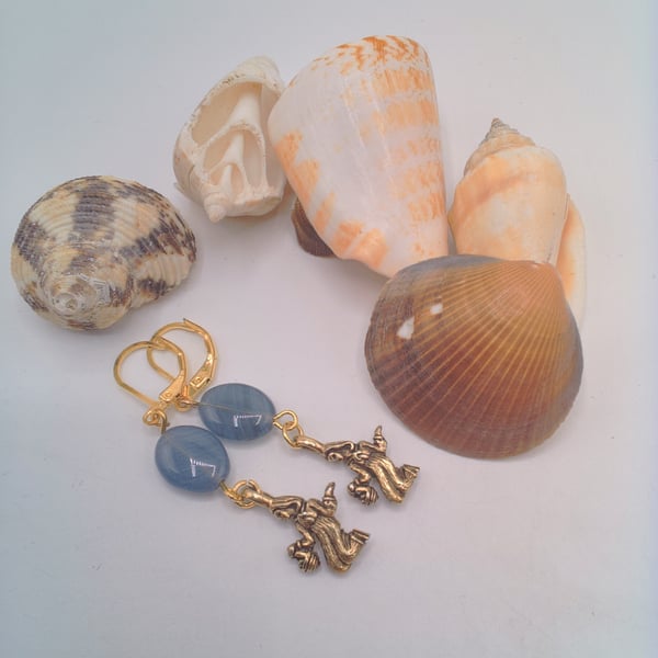  Blue Opaline Bead and Gold Plated Lady Charm Earrings, Gift for Her, Earrings 