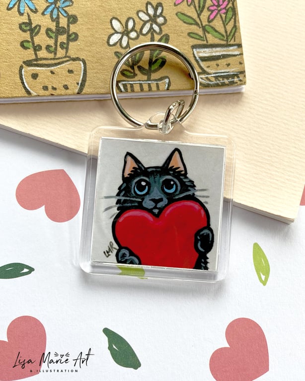 Black Cat Valentine Keyring – Cat with Red Heart