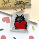 Black Cat Valentine Keyring – Cat with Red Heart