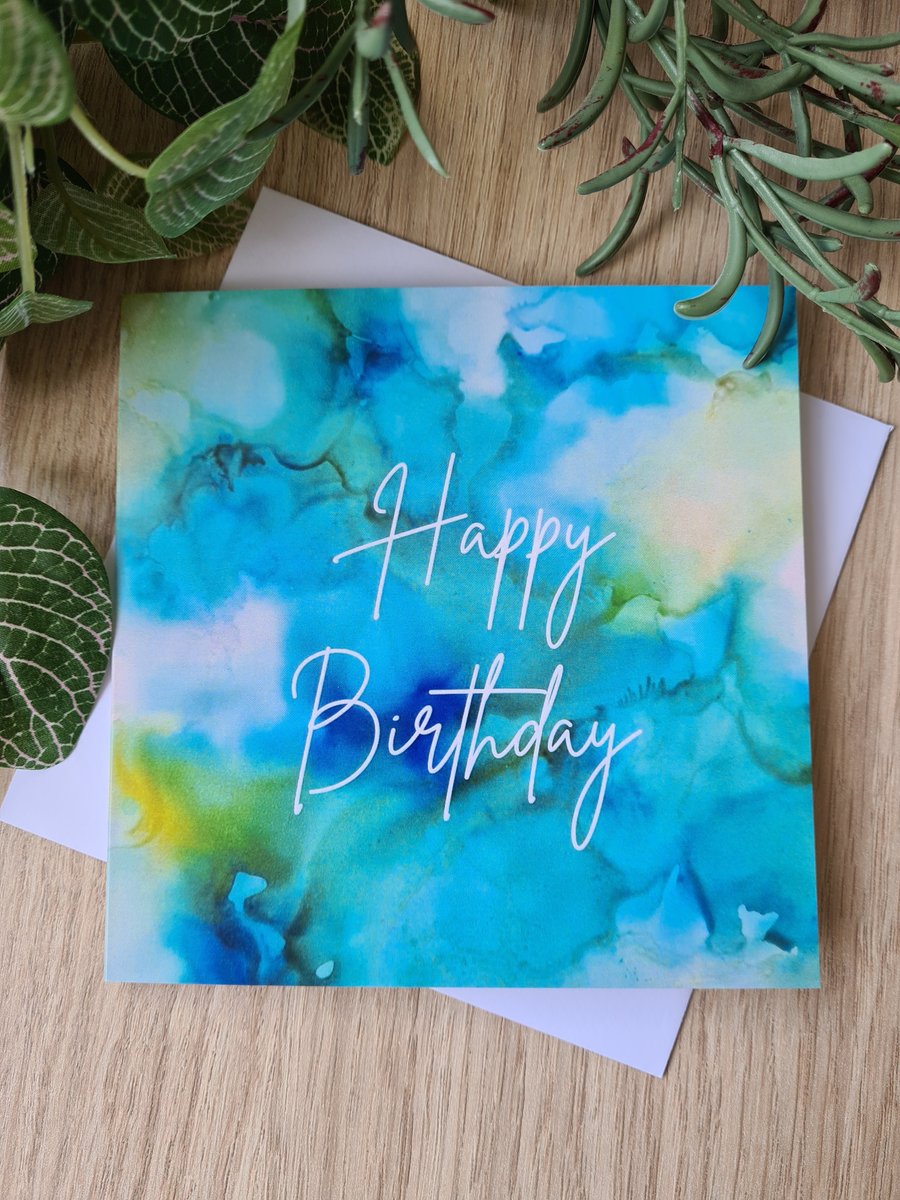 Alcohol ink print blue green birthday card