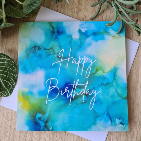 Alcohol ink print blue green birthday card