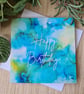 Alcohol ink print blue green birthday card
