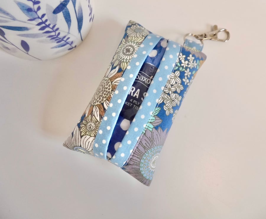 Key ring tissue tidy in modern floral fabric with a clasp
