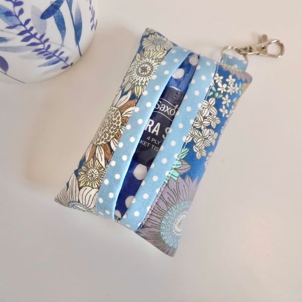 Key ring tissue tidy in modern floral fabric with a clasp