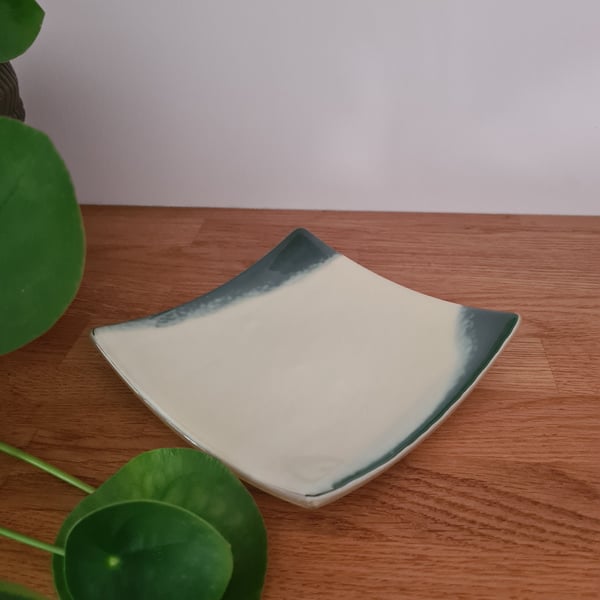 Cream and grey shallow fused glass dish