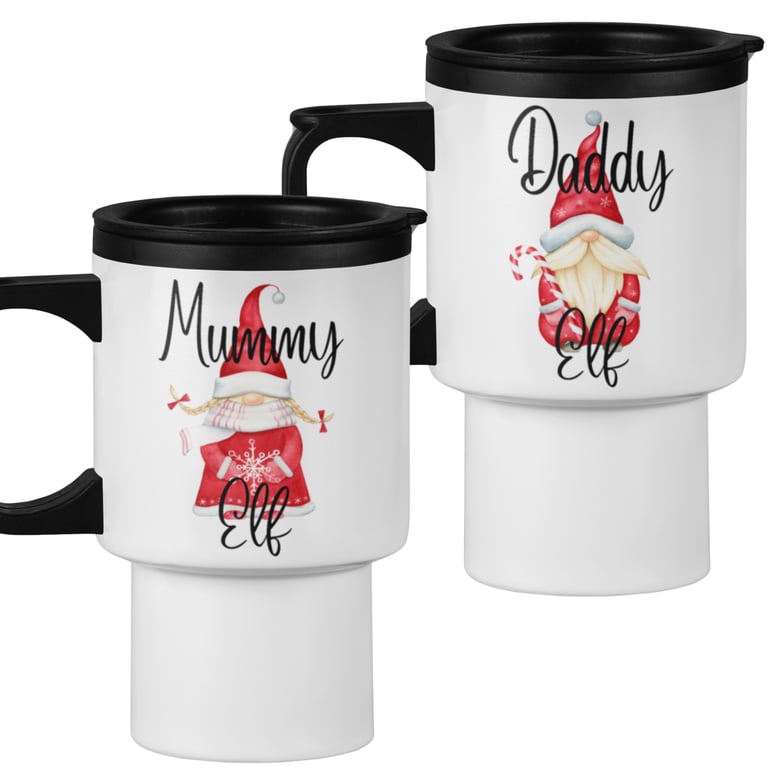 Parents Mum and Dad Christmas Travel Mugs Mummy Elf and Daddy Elf