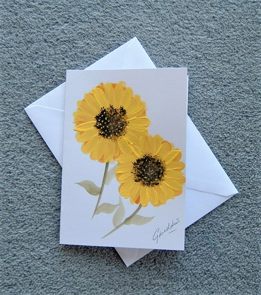 sunflower original art hand painted blank greetings card ( ref F 252 )