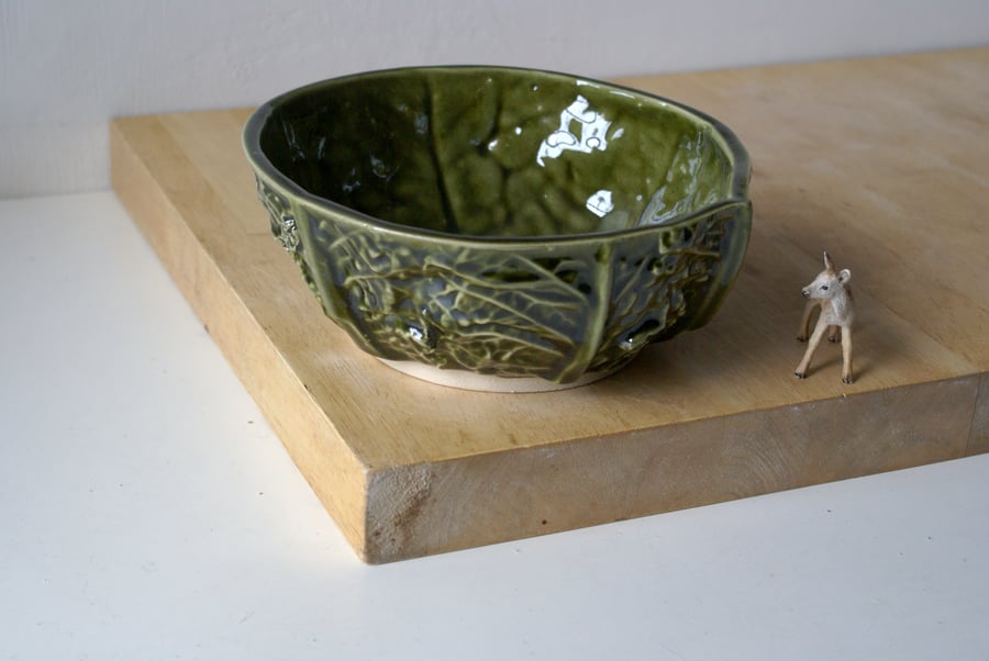 SALE - Cabbage leaf textured stoneware pottery kitchenware bowl glazed in green
