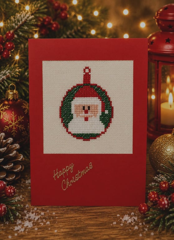 Handmade Cross Stitch Santa in a Bauble Christmas Card – 6 x 4 Inch