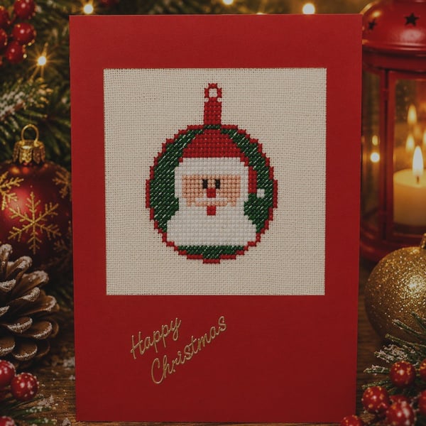 Handmade Cross Stitch Santa in a Bauble Christmas Card – 6 x 4 Inch