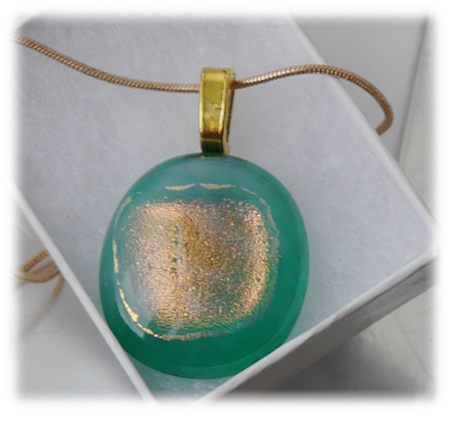 Dichroic Glass Pendant 048 Teal Gold Shimmer Handmade with gold plated chain