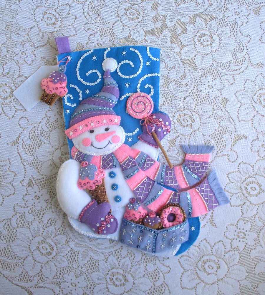 Personalised Snowman Stocking - Sweet Treats - Bucilla Completed - Felt Stocking