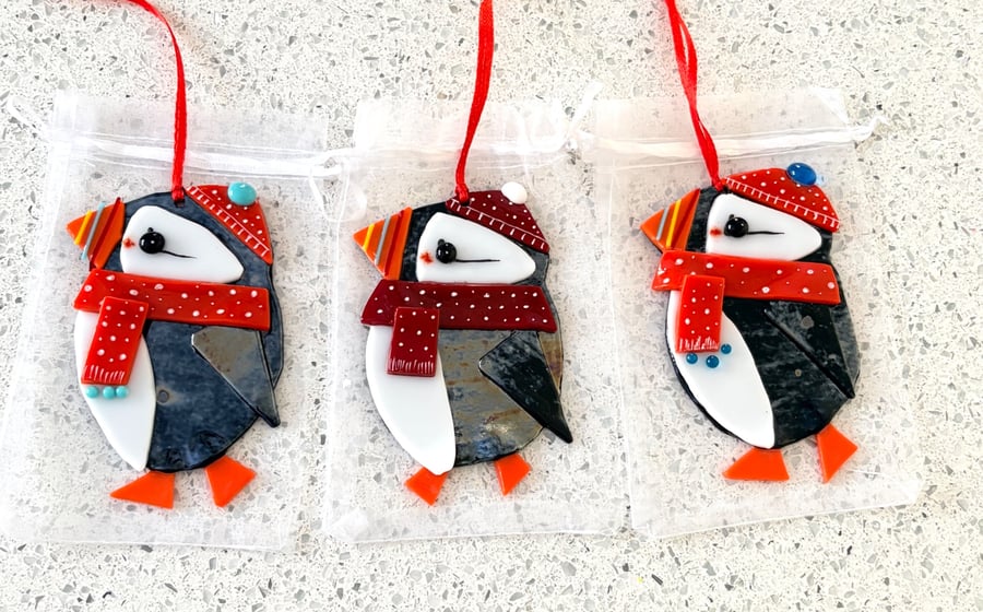 Image of Fused glass puffin hanging