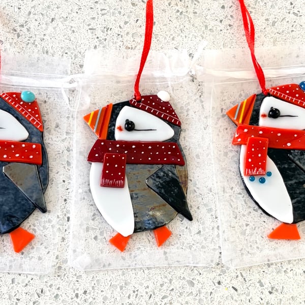 Fused glass puffin hanging