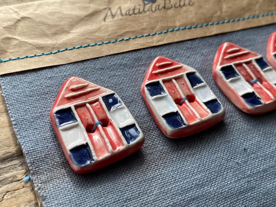 Button handmade pottery Beach Hut set of four red seaside buttons