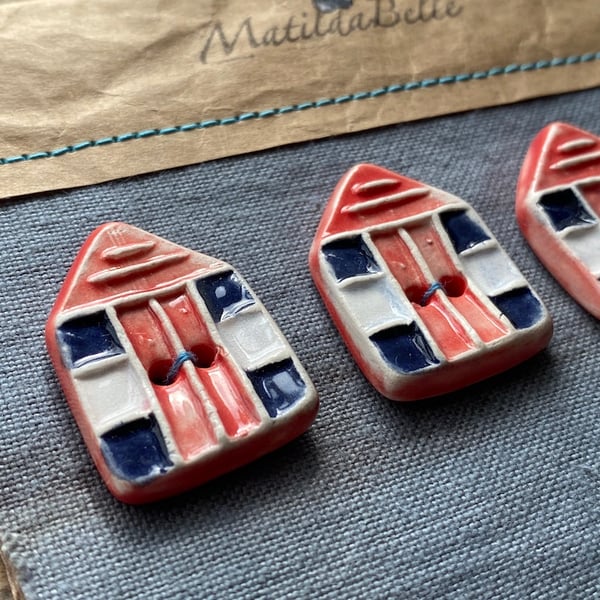 Button handmade pottery Beach Hut set of four red seaside buttons