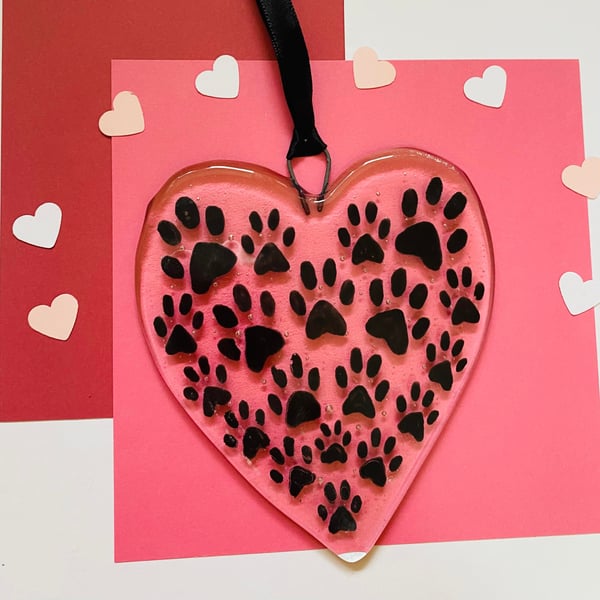 Fused Glass Pawprint Hanging Heart