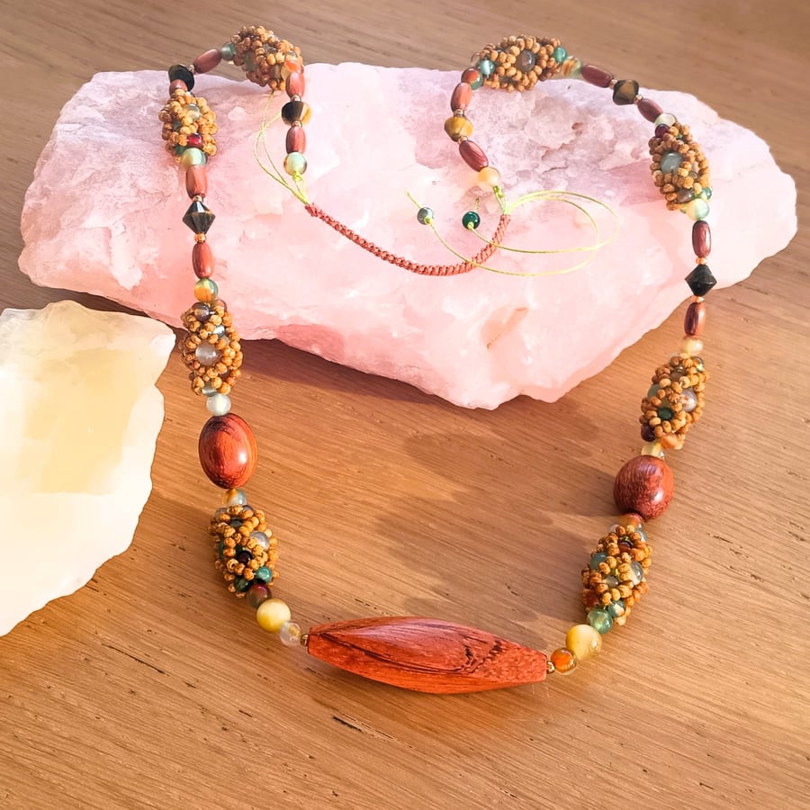 Apple Green & Wood Beaded Overhead Necklace Adjustable 22 - 30 Inch 