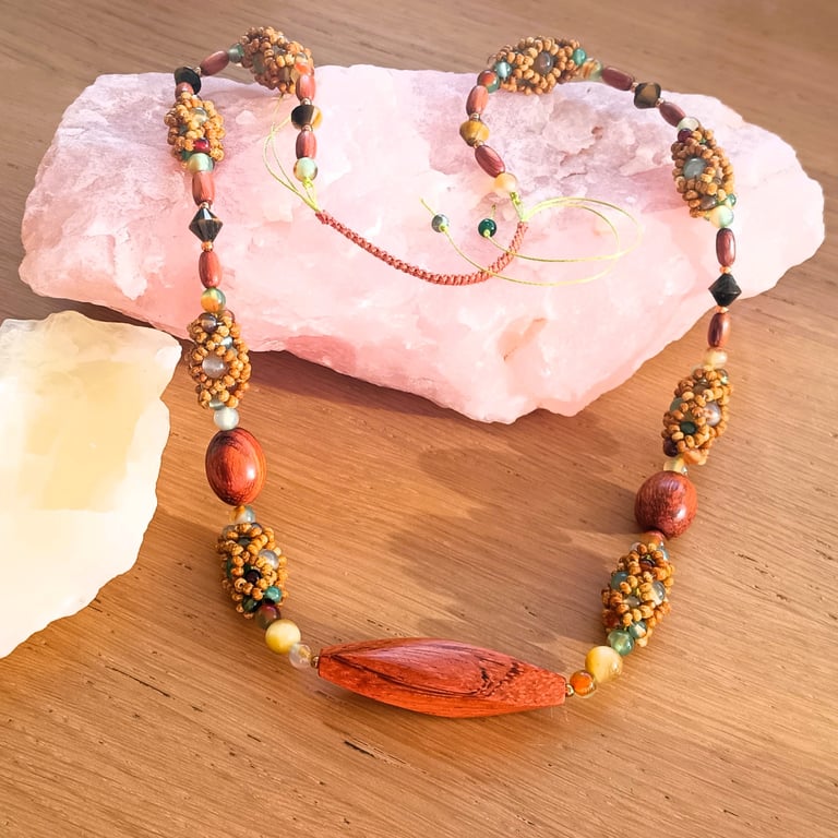 Apple Green & Wood Beaded Overhead Necklace Adjustable 22 - 30 Inch 