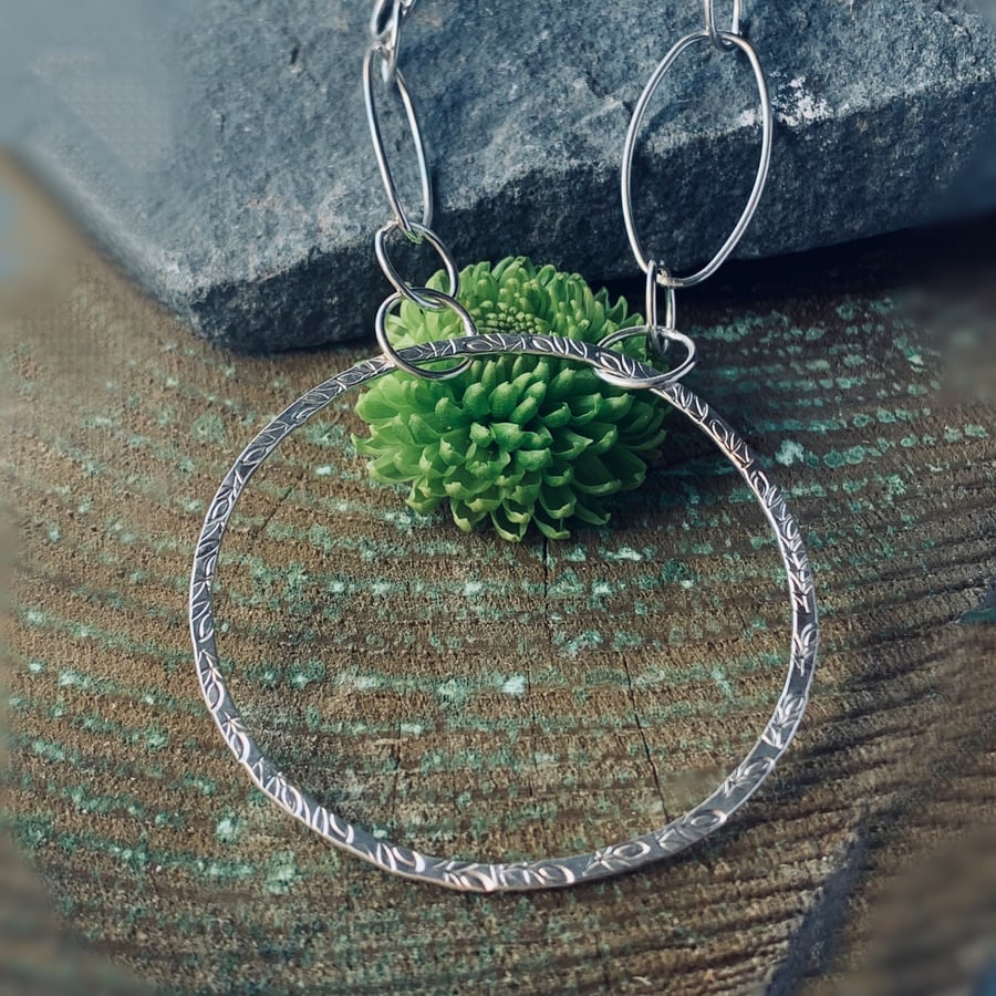 Recycled Sterling Silver Leaf Textured Hoop Necklace