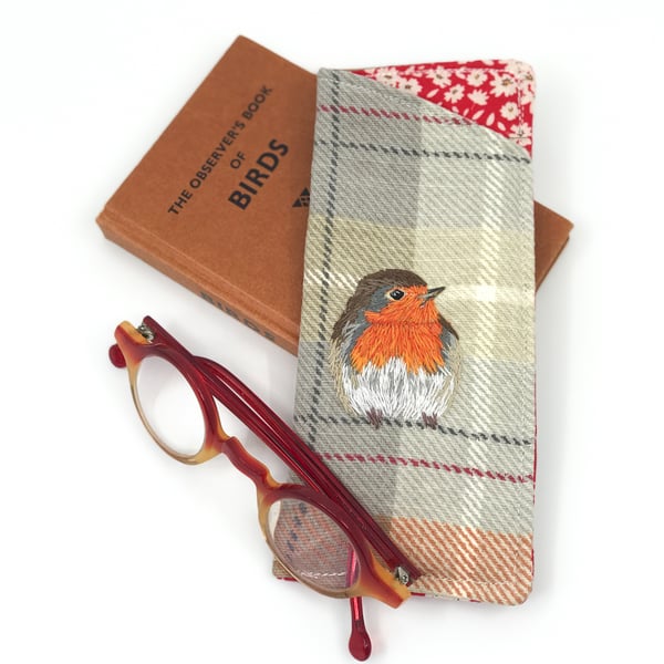 Glasses case with hand embroidered robin