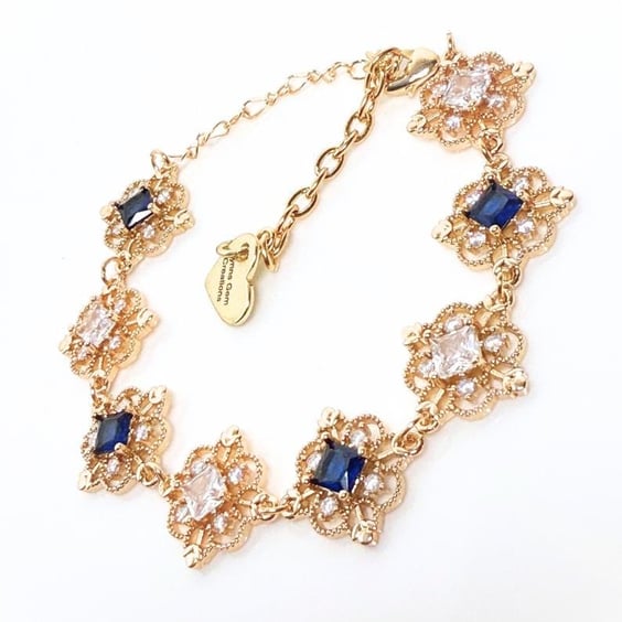 Vintage Style Sapphire Crystal Gold Bracelet, Regency Inspired Jewelry