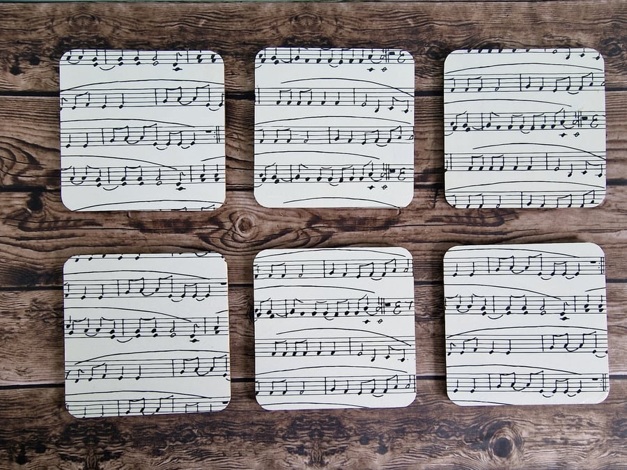 Music Sheet Design Handmade Decoupage Coasters set of 6