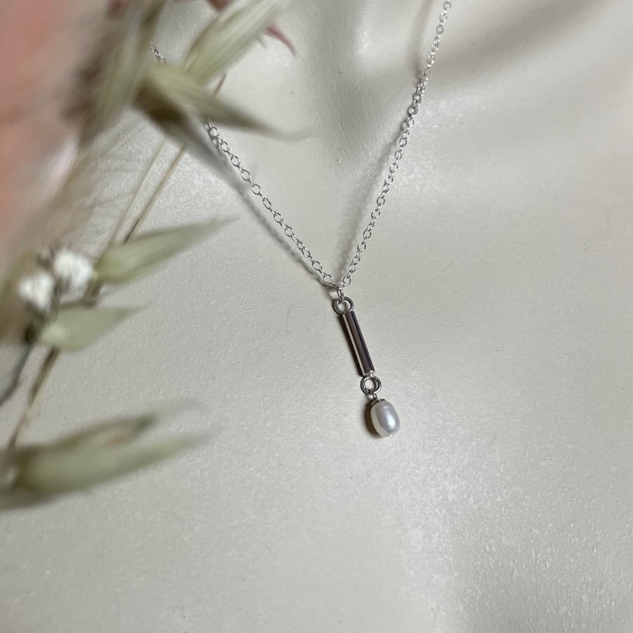 Rice Pearl Bar Pendant & 18" Trace Chain - Handmade, Sterling Silver 