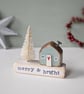 Little Wooden Handmade House in a Bag with Christmas Tree 'Merry & Bright' 