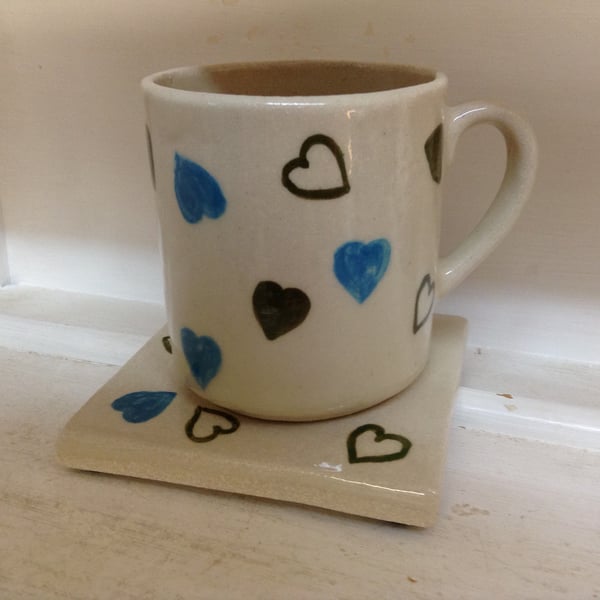Hearts mug and tile in blue and green