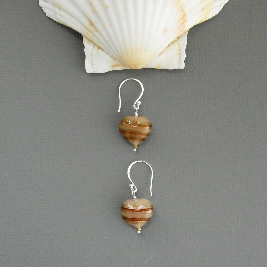 Sweetheart Sterling Silver Earrings With Toffee Coloured Lampwork Glass Hearts