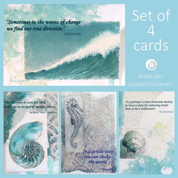 Inspirational quote cards set  four notelets coastal images bundle plastic free
