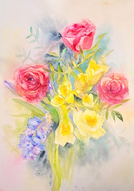 Original Spring Bouquet Watercolor Painting - Roses, Daffodils, Hyacinth, Signed