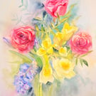 Original Spring Bouquet Watercolor Painting - Roses, Daffodils, Hyacinth, Signed