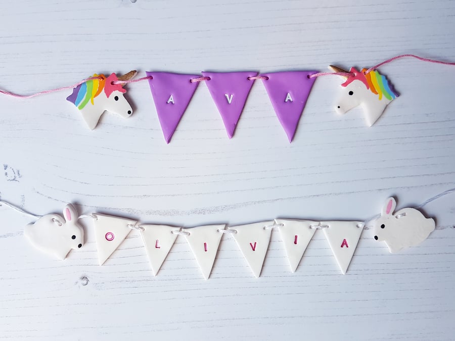 Clay name bunting with characters, hand stamped, hand painted