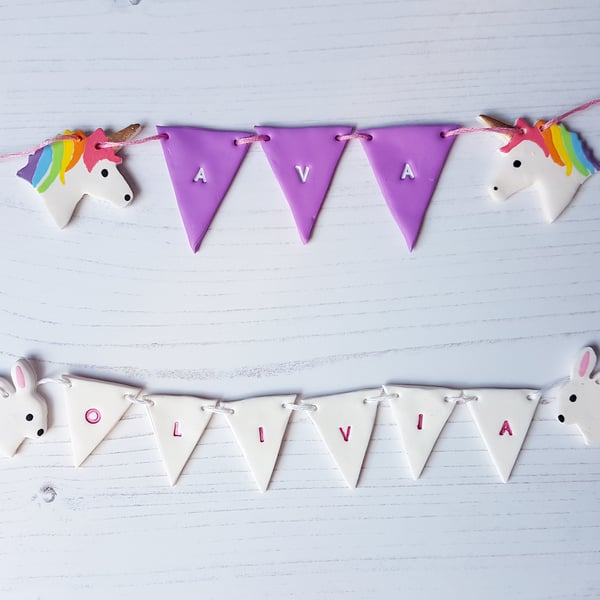 Clay name bunting with characters, hand stamped, hand painted