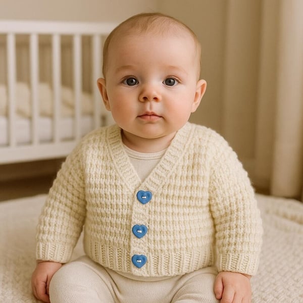 Hand knitted baby cardigan in cream with textured pattern 