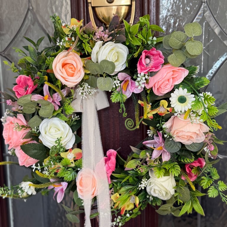 Spring Summer Door Wreath pink flowers gift wedding wall hanging luxury wreath
