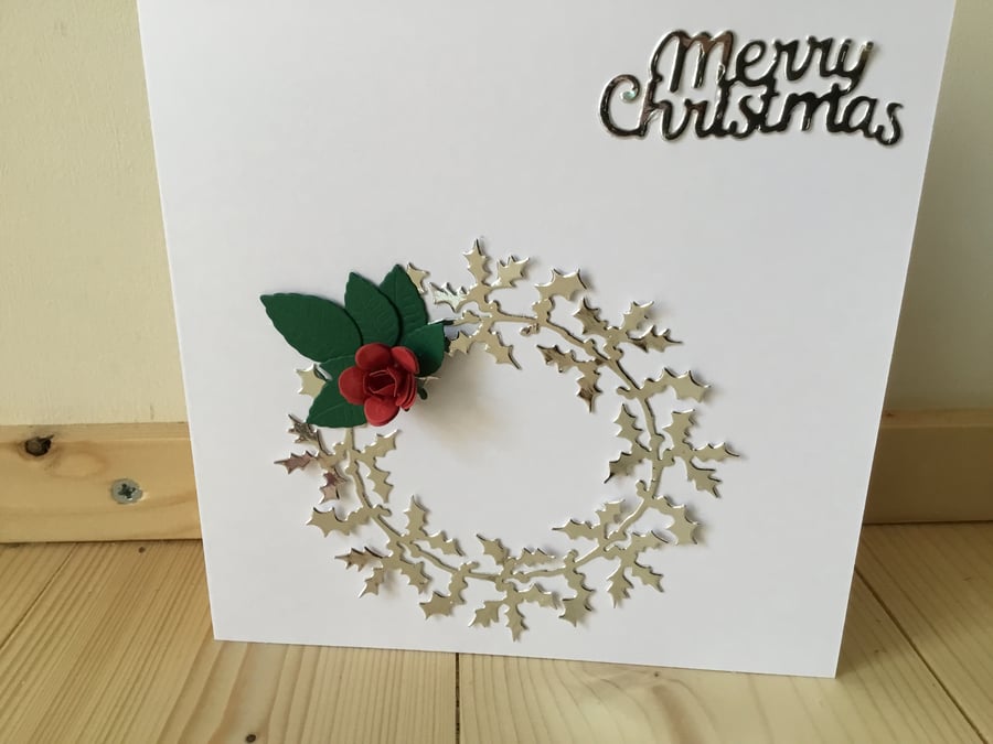 A beautiful red rose wreath christmas card. CC330