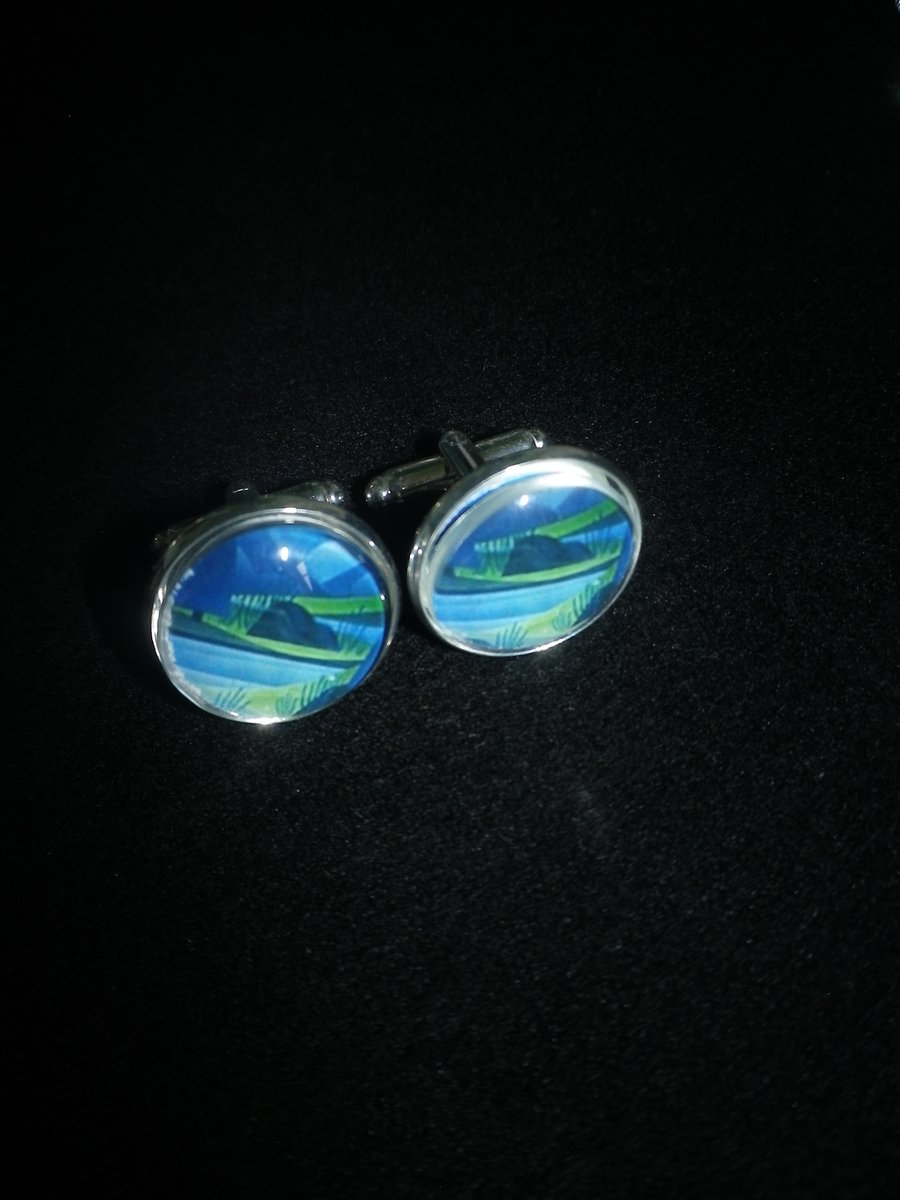 Blue River cufflinks, free shipping, gift wrapped, beautiful image, Ref 1234.