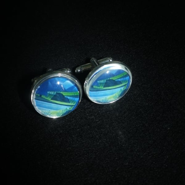 Blue River cufflinks, free shipping, gift wrapped, beautiful image, Ref 1234.