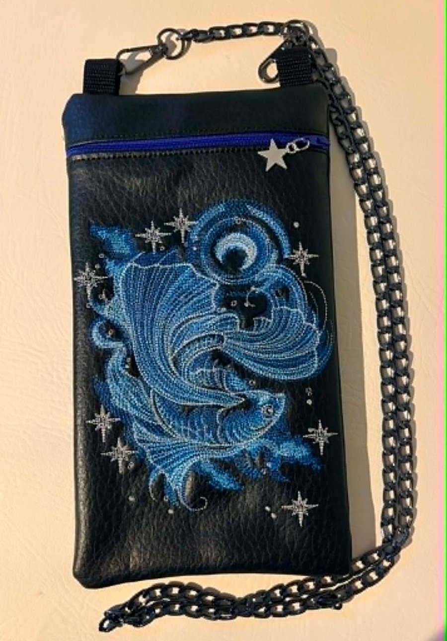 Blue Betta Fish Embroidered Crossbody Bag