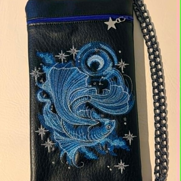 Blue Betta Fish Embroidered Crossbody Bag