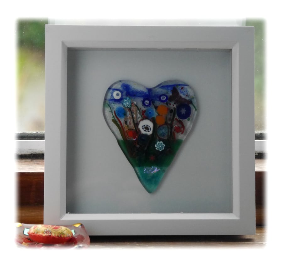 Flower Garden Heart in Box Frame Fused Glass Picture 011 Left House